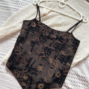 Y2K Brown Print Cami Top: Vintage Elastic Blouse, Made in UK