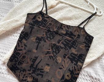 Y2K Brown Print Cami Top: Vintage Elastic Blouse, Made in UK