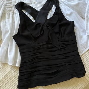 Vintage Black Silk Corset Top: Y2K Bow Halter