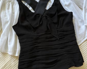 Vintage Black Silk Corset Top: Y2K Bow Halter