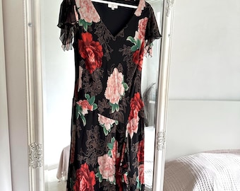 Vintage 90s style, 2000s black floral 100% silk midi ruffles dress