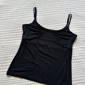 Vintage Black Ruched Cami Top, Y2K Viscose Camisole, 90s Grunge Strappy Tank