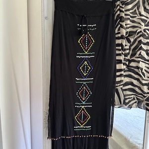 Vintage mesh black midi skirt with beads, vintage black midi beaded skirt, Y2K midi skirt, 90s skirt