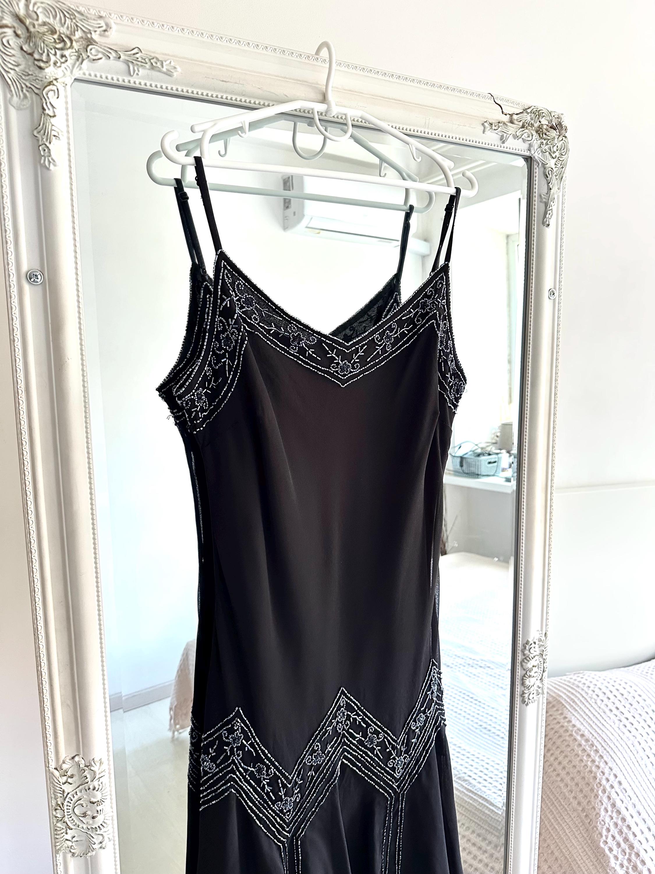 Vintage Beaded Black Flapper Dress, Gatsby Style, Art Deco Black Midi Dress, 1920s, Beaded Slip Dress