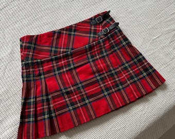 Vintage rode geruite Schotse wollen stof kilt van 100% wol, vintage geruite geplooide rok met lage taille