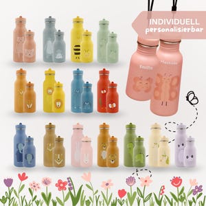 Könnte beinhalten: Eine Sammlung farbenfroher, isolierter Wasserflaschen in verschiedenen Größen. Die Flaschen zeigen Tiermotive und den Text "INDIVIDUELL personalisierbar". Die Flaschen sind in Rosa-, Gelb-, Blau-, Grün- und Orangetönen gehalten, mit einem floralen Rand am unteren Rand.