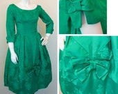 Vintage Green Damask 1950s Cocktail Dress SZ S