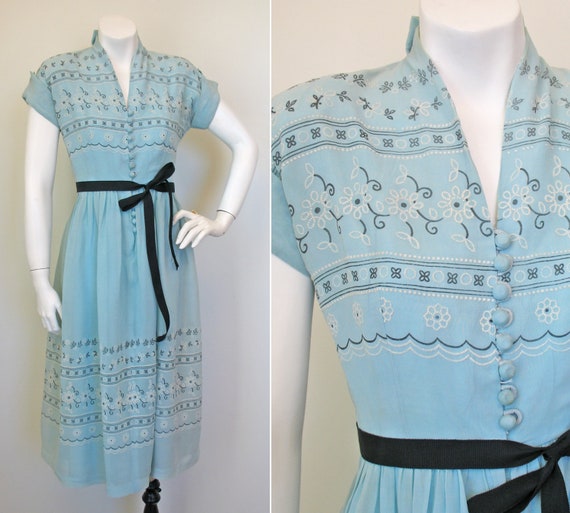 1950s Aqua Blue Border Print Vintage Dress SZ S