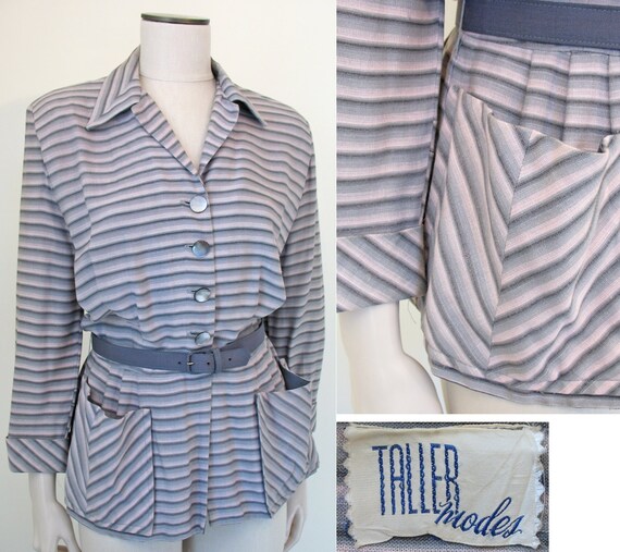 1940s Pink and Grey Rayon Striped Vintage Jacket S