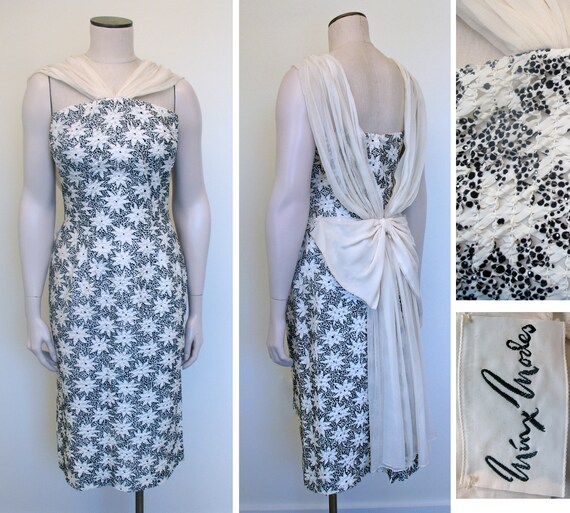 1950s Black & White Minx Modes Sheath Cocktail Dre