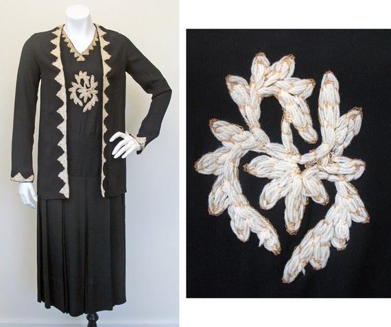 Vintage 1930s Yarn Embroidered Black Crepe Dress S