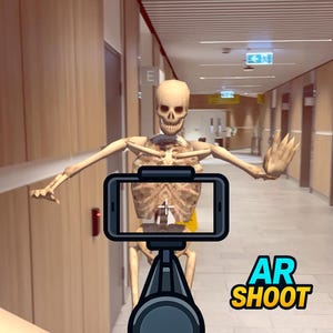 May include: A smartphone held in front of a skeleton figure, with the text "AR SHOOT" in blue and yellow. The skeleton is in a hallway with wooden paneling and a red stripe.