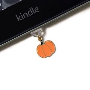 Könnte beinhalten: Ein orangefarbener Kürbis-Anhänger mit grünen Akzenten hängt an einem Kindle-Gerät. Der Anhänger ist mit einem transparenten Kunststoffteil und einer goldfarbenen Kette am Gerät befestigt. Das Wort "kindle" ist auf dem Gerät sichtbar.