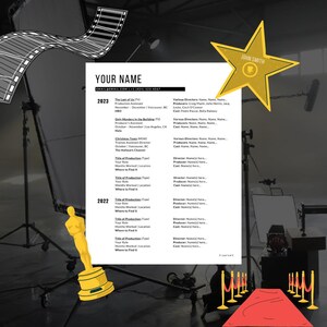 Op de afbeelding: Een cv voor een productieassistent voor film en televisie. De cv is opgemaakt met een gouden ster en een rood tapijt. De cv vermeldt de ervaring van de productieassistent bij verschillende tv-programma's en films.