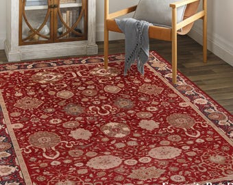Red Turkish Area Rug, Large Rug 8x10, Livingroom Rug, Brown Detail Red Rug, Bedroom Rug, Kitchen Kilim, Hallway Runner, Turkish Area Rug 6x9