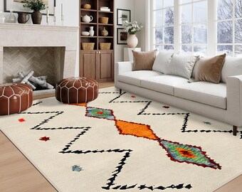 White Area Rug, White Rug with Orange and Green Details, Scandinavian Style Rug, Livingroom Rug, Modern Rug, Entree  Rug, Farmhouse Deco