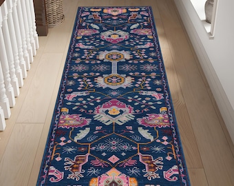 Blue Rug Runner, Entree Runner, Hallway Rug, Blue Ethnic Pattern Runner, Bedroom Rug, Stairs Carpet, Corridor Runner, Turkish Area Runner