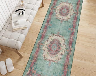 Green Area Runner, 2x13 Turkish Rug, Belly Patterned Carpet, Old Pattern Turkish Rug, Traditional Bedroom Rug, Kitchen Rug 3x10, Cozy Home