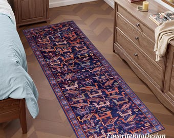 Blue Animal Pattern Runner, Entree Runner, Hallway Rug, Blue/Purple Ethnic Runner, Bedroom Rug, Stairs Carpet, Corridor Rug, Turkish Runner