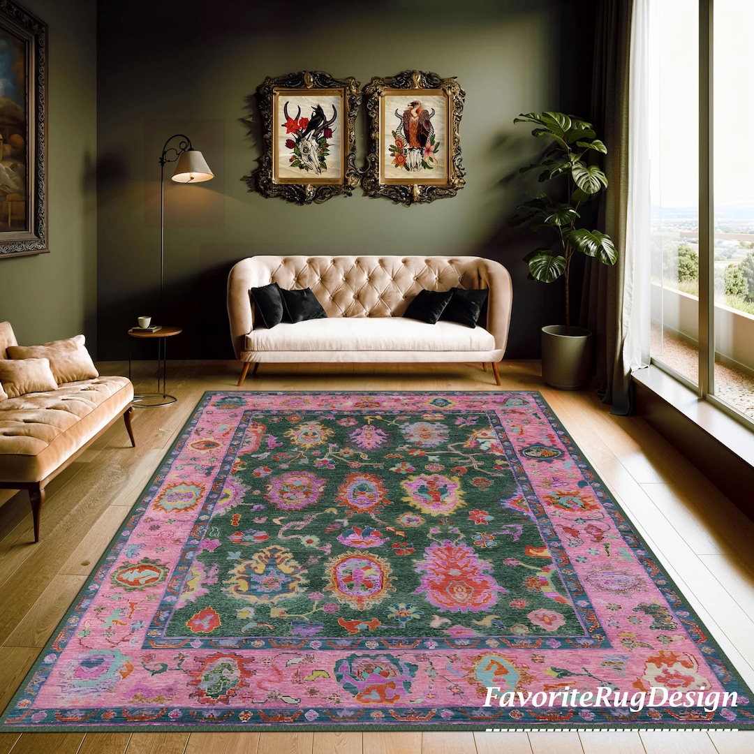 Pink And Green Shell Rug Green Pink Area Rug, Large Area Rug 8x10, Livingroom Rug, Boho Rug ...