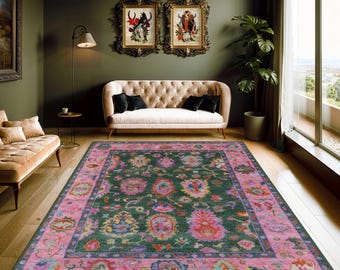Green Pink Area Rug, Large Area Rug 8x10, Livingroom Rug, Boho Rug, Bedroom Rug, Kitchen Rug, Hallway Runner, Pink Rug, Turkish Area Rug 6x9