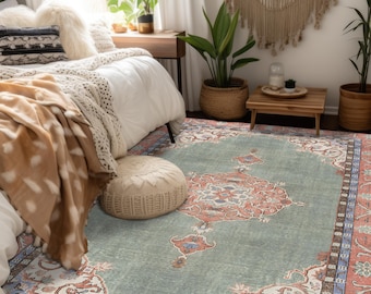 Green Area Rug, Turkish vintage-style Rug, Livingroom Rug 5x7, Belly Patterned Rug, Traditional Bedroom Rug, Diningroom Rugs, Runner 2x6