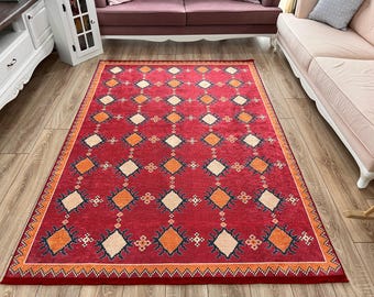 Red Livingroom Rug, Turkish Rug, Ethnic Bedroom Rug, Yellow Detail Red Rug, Diningroom Rug, Saloon Rug Hallway Runner, Ottoman Style Rug
