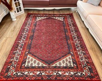 Traditional Turkish Rug, Red Turkish Rug, Washable Ethnic Area Rug with Non-Slip Back, Boho Entryway Rug for Living Room, Bedroom or Kitchen