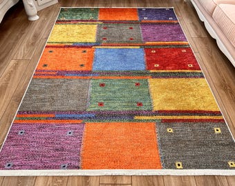 Colourful Area Rug, Turkish Patchwork Pattern Kilim, Livingroom Rug with Non-Slip Back, Entryway Rug for Living Room, Bedroom Diningroom Rug