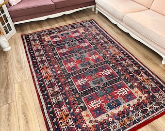 Turkish vintage-style Rug, Boho Area Rug 6x9, Brown Red Area Rug with Non-Slip Back, Livingroom Rug, Bedroom Rug, Heriz Style, Ethnic Rug