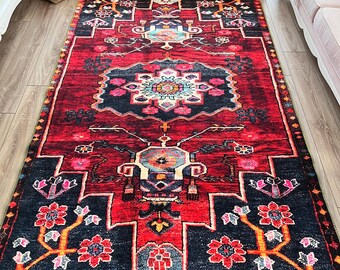 Red Area Rug, 6x9 Ethnic Livingroom Rug, Velvet Surface, Bedroom Dinningroom Rug, Bathroom Rug, Turkish Area Rug, Vintage Style Turkish Rug