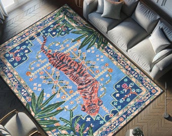 Alfombra azul con estampado de tigre, alfombra para sala de estar con estampado de animales, alfombra para habitación infantil, alfombra con estampado de bosque, alfombra turca, alfombra de pasillo para cocina, alfombra de 8x10