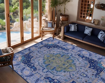 Blue Serapi Area Rug, Sea Blue Living Room Rug, Turkish Corridor Rug,  Bedroom Bathroom Rugs, Kitchen Rugs, Kids Room Rug, Office Rugs