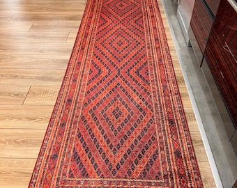 Turkish Red Runner, Vintage Pattern Red Rug, 3x10 Hallway Runner, Ethnic Rug, Kitchen Runner, 2x13 Turkish Rug, Livingroom Bedroom Carpets