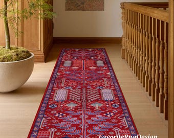 Red Runner, Entree Runner, Hallway Rug, Red Blue Ethnic Pattern Runner, Bedroom Rug, Stairs Carpet, Corridor Runner, Turkish Area Runner
