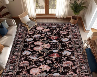 Black Rug with Flower Details, Turkish Area Rug, Luxury Bedroom Rug, Rug for Livingroom, Diningroom/Saloon Rug Hallway Runner, Black Rug