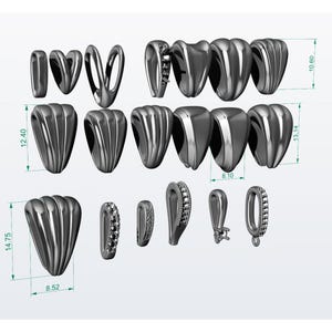 May include: A set of 16 silver-toned metal pendant bails in various shapes and sizes. The bails are designed to be used for attaching pendants to necklaces or bracelets. The bails are shown against a white background.