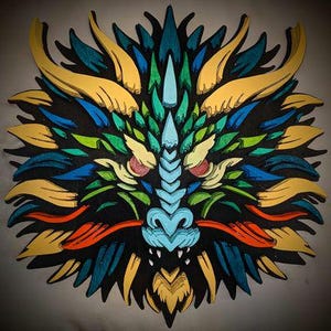 Może przedstawiać: Wielowarstwowa drewniana rzeźba głowy smoka w żywych kolorach. Smok ma czarną podstawę z żółtymi, niebieskimi, zielonymi i pomarańczowymi detalami. Twarz jest jasnoniebieska z białymi zębami i czerwonymi akcentami.