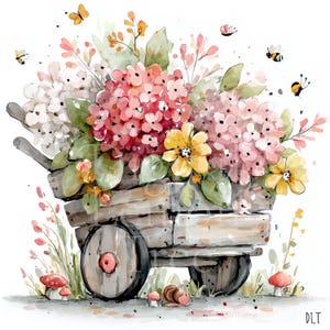 Könnte beinhalten: Aquarellillustration einer Holzkarre, die mit rosa, weißen und gelben Blumen überquillt. Schmetterlinge und Bienen flattern um die Blumen. Pilze und eine Schnecke befinden sich am Fuß der Schubkarre.