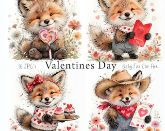 Baby Fox Valentine Clipart Bundle, Cute Valentine Animals, Fox Love Clip Art, Kids Valentine PNG, Sublimation Art