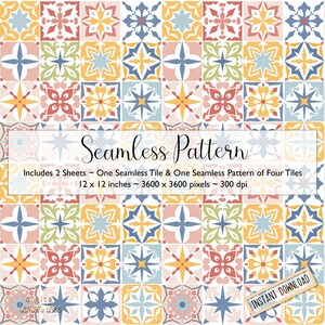 May include: Seamless pattern design featuring colorful floral tile motifs in shades of red, yellow, blue, and green. The design includes two sheets, one seamless tile, and one seamless pattern of four tiles, each 12 x 12 inches.