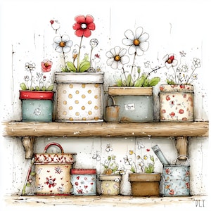 May include: Watercolor illustration of various potted flowers on wooden shelves. The pots feature polka dots, floral patterns, and solid colors. The flowers include daisies and red blooms, creating a charming, whimsical garden scene.