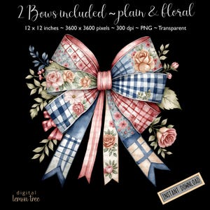 Puede incluir: Dos lazos de acuarela, uno con un patrón floral y otro con un patrón a cuadros. Los lazos están atados juntos con una cinta rosa y tienen hojas verdes alrededor. El fondo es negro. 12 x 12 pulgadas, 3600 x 3600 píxeles, 300 dpi, PNG, Transparente.