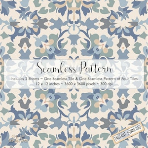 Könnte beinhalten: Ein nahtloses Muster mit floralem Design in Blau-, Beige- und Grüntönen. Der Text "Seamless Pattern" ist enthalten, sowie Details zum digitalen Download, mit Abmessungen von 30.48 x 30.48 cm.