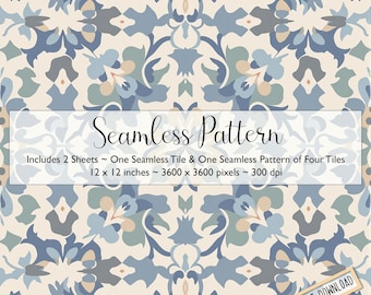 May include: A digital seamless pattern with a floral design in blue, beige, and green. The image includes the text "Seamless Pattern" and details about the digital download, with dimensions of 30.48 x 30.48 cm.