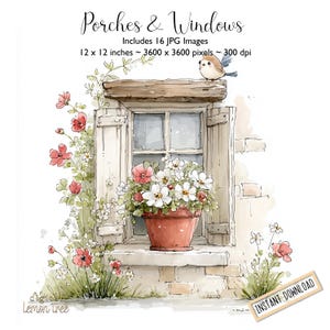 May include: A watercolour illustration of a window with white shutters, a flower pot, and a small bird. The image includes the text "Porches & Windows" and "Includes 16 JPG Images, 12 x 12 inches ~ 3600 x 3600 pixels ~ 300 dpi".