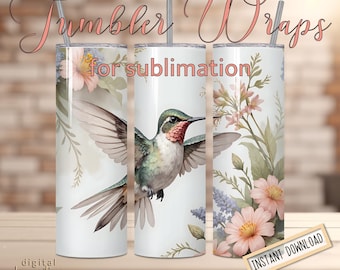 May include: Three sublimation tumbler wraps featuring a hummingbird with pink flowers and green leaves on a white background. The text "Tumbler Wraps for sublimation" is at the top of the image.