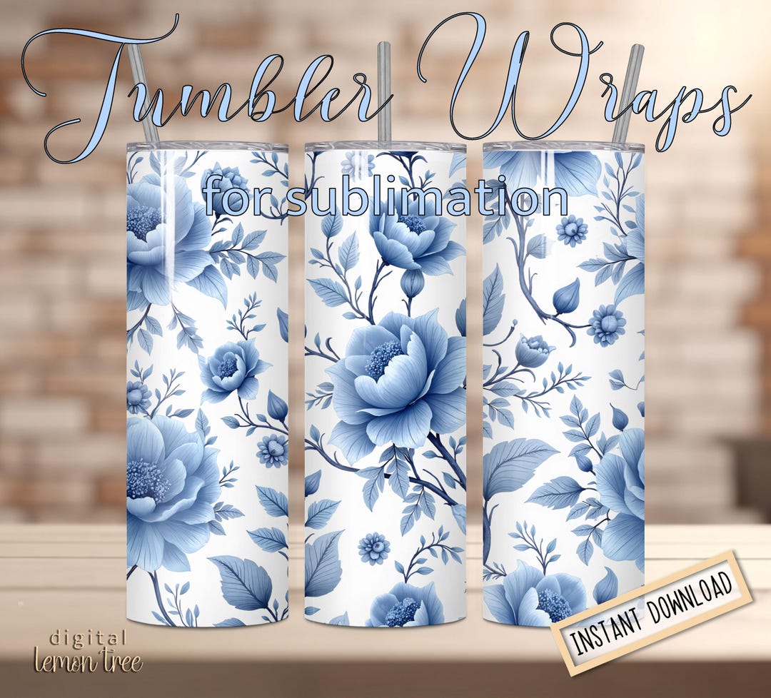Blue Floral Tumbler Wrap: 20 Oz Skinny Tumbler Sublimation Design (PNG ...