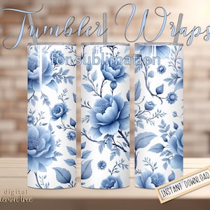 Blue Floral Tumbler Wrap, 20 oz Skinny Tumbler, Seamless Sublimation Design, Digital Instant Download, PNG Tumbler Wrap