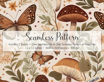 Mushrooms and Butterflies Seamless Pattern, Watercolor Mushroom Pattern, Free Commercial Use